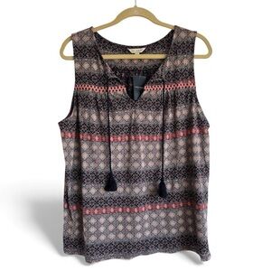 NWT Lucky Brand Boho Floral Sleeveless Tassel Blouse Top Festival Black Pink L